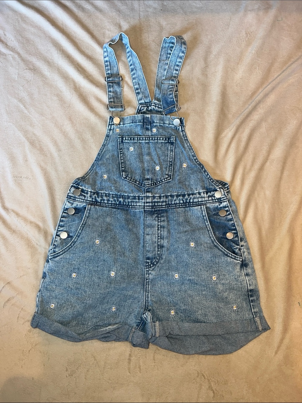 Denim Short Overalls with Flower Embroidery - Light Blue